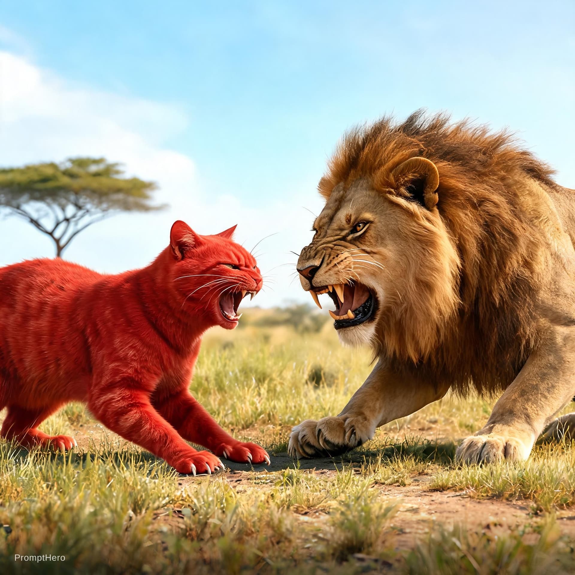 AI generated: a red  cat fighting with a lion