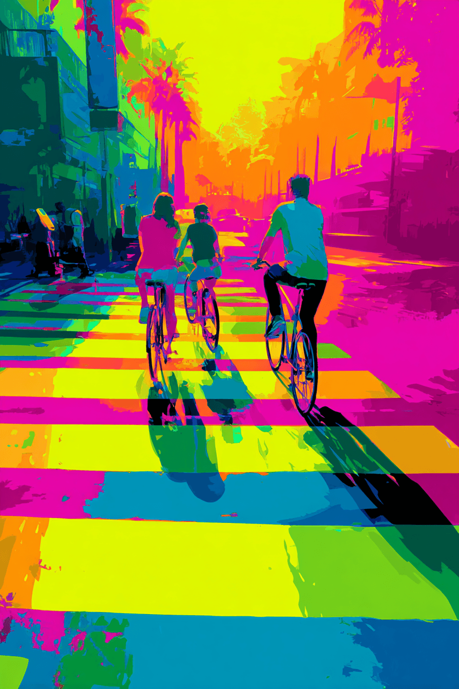 AI generated: colorful neon vector illustration, bold, flat, textured finish, bike riders at crosswalk --ar 2:3 --...