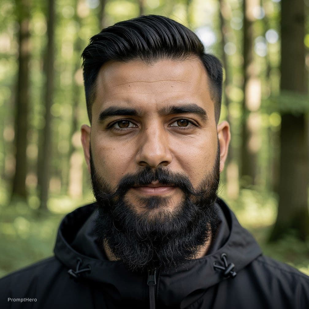 AI generated: above average male with black beard and short hair in forest