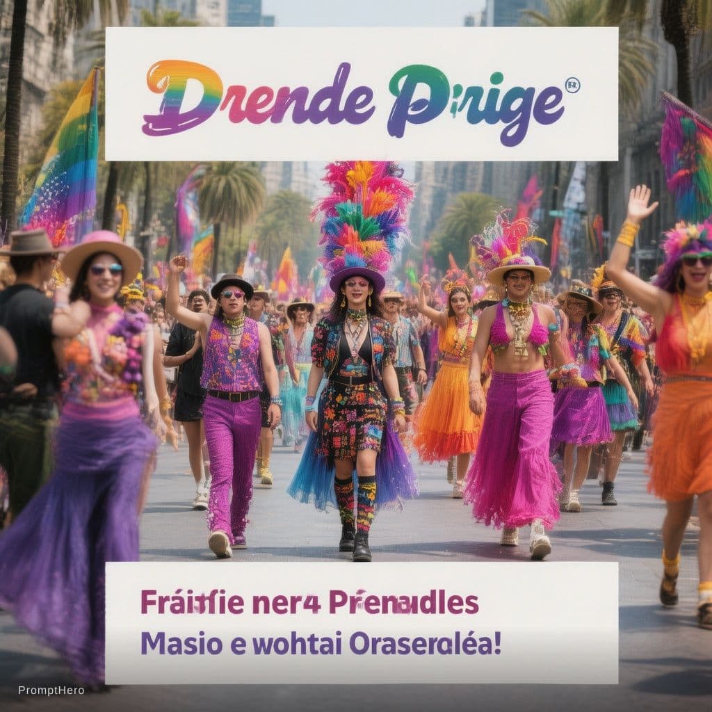 AI generated: hyper realistic image of the CDMX Pride Parade over Paseo de la Reforma with spanish text isolated o...