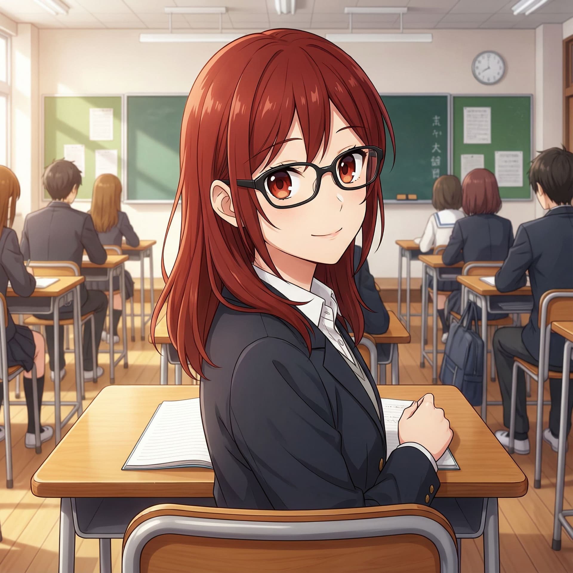 AI generated: ((Masterpiece)), (best quality), (1girl), red hair, beautiful red eyes, medium breasts, classroom, b...