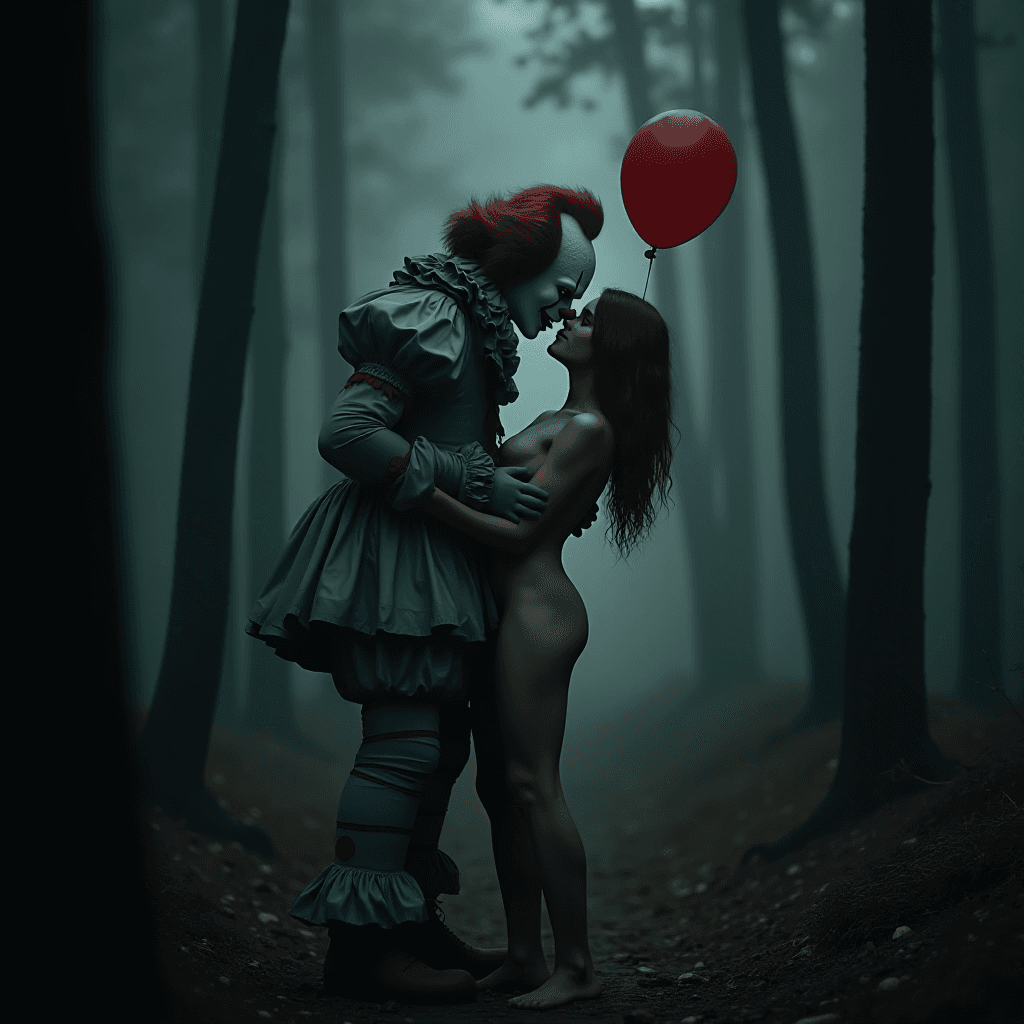 AI generated: Pennywise, the clown of the movie It, kissing a naked girl. There is a somber and dark forest in the...