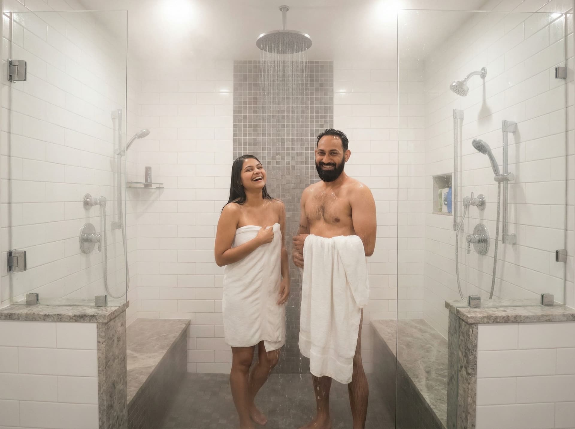 AI generated: Couples shower full in bathroom