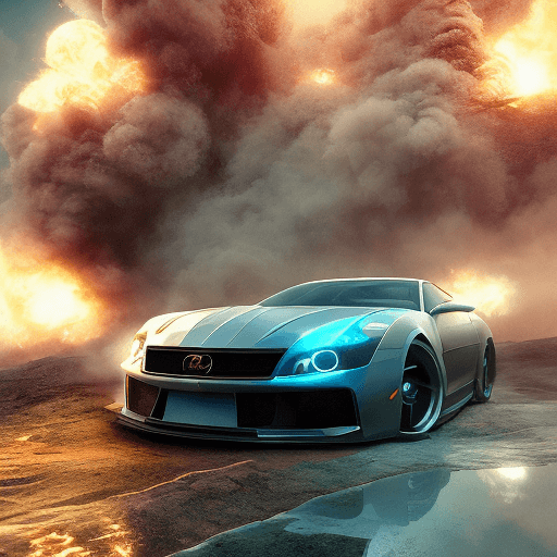 AI generated: Elevate the scene's cinematic quality by adding a vehicle and explosion through photo manipulation. ...
