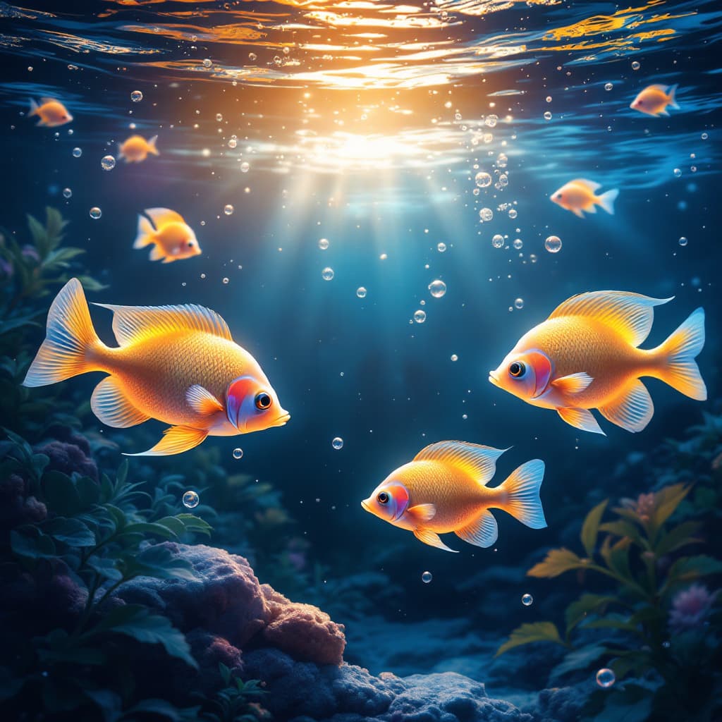 AI generated: "A serene and mesmerizing underwater scene featuring vibrant, glowing exotic fish swimming gracefull...