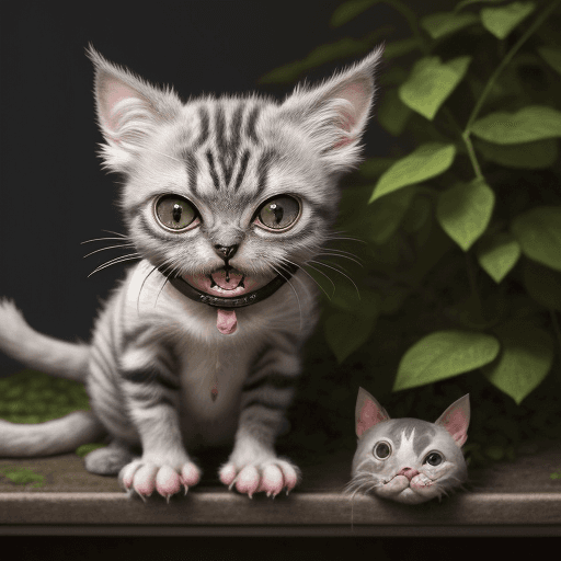 AI generated: An ugly little cat, with a mischievous look, sitting, with a tooth sticking out of its open mouth an...