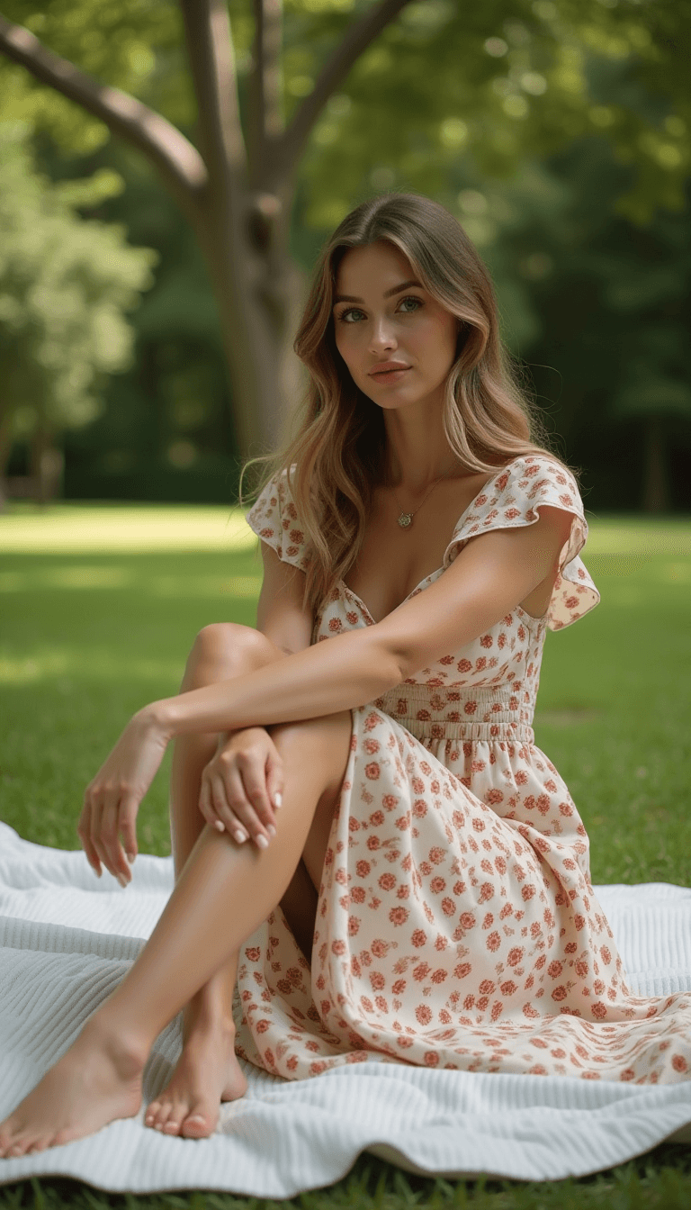 AI generated: A woman sitting on a blanket in a park, wearing a light floral dress with one leg bent and crossed o...
