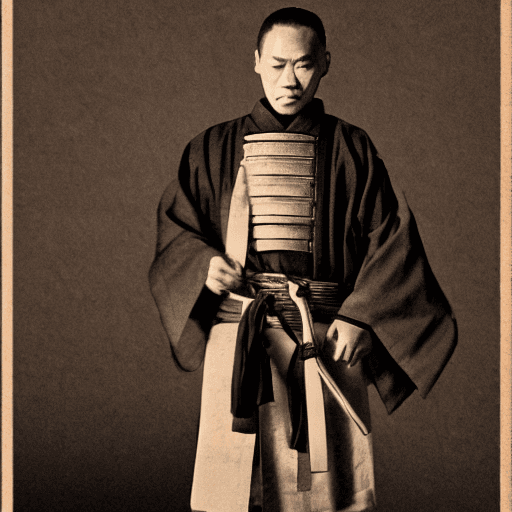 AI generated: Full body image, samurai assassin, with cut face, kimono with blood from epic battles.