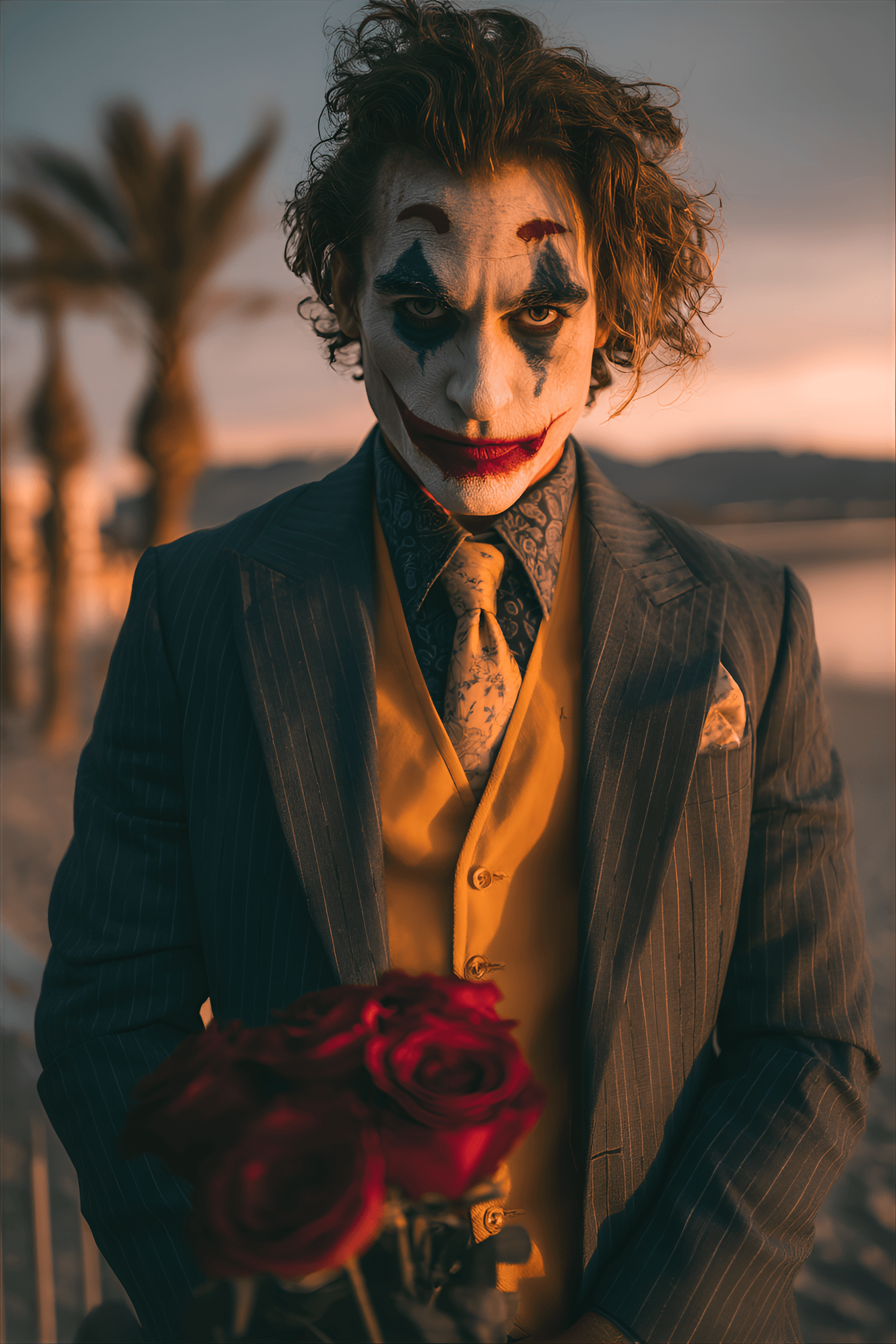 AI generated: A man, Caucasian, 30s, wearing a dark gray suit, a mustard yellow waistcoat, and a Joker-inspired ma...