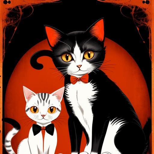 AI generated: Vintage sinister cat Halloween poster in hues of red and orange, black background, white frame edge