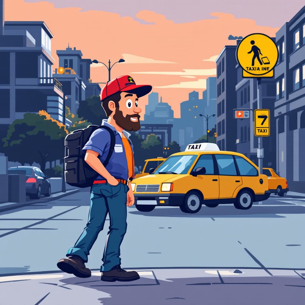 AI generated: "Create a cartoon-style illustration of a guy hiring taxi"