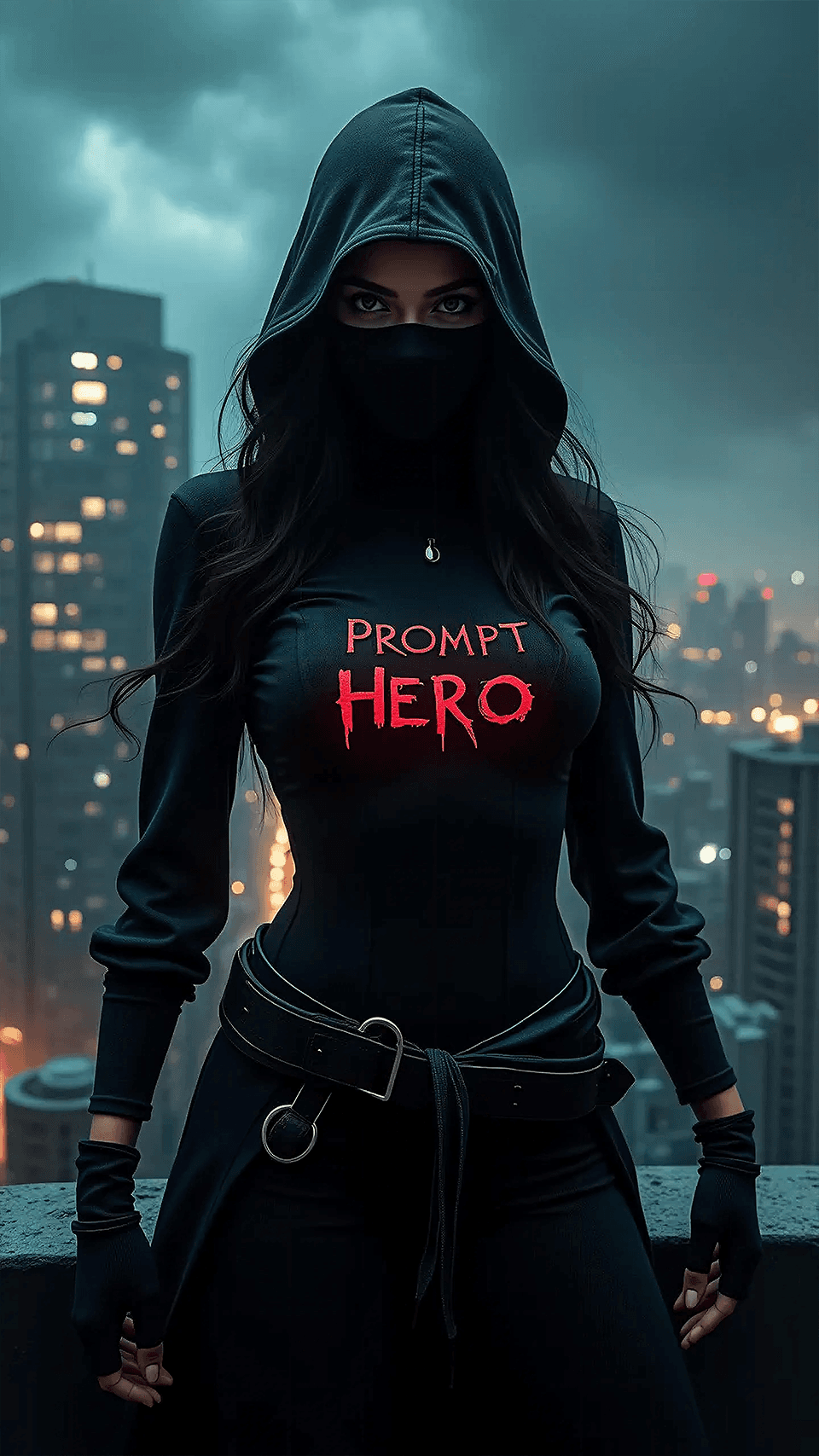 AI generated: Digital artwork, concept art, a female ninja with Prompt Hero logo on her chest, standing on rooftop...