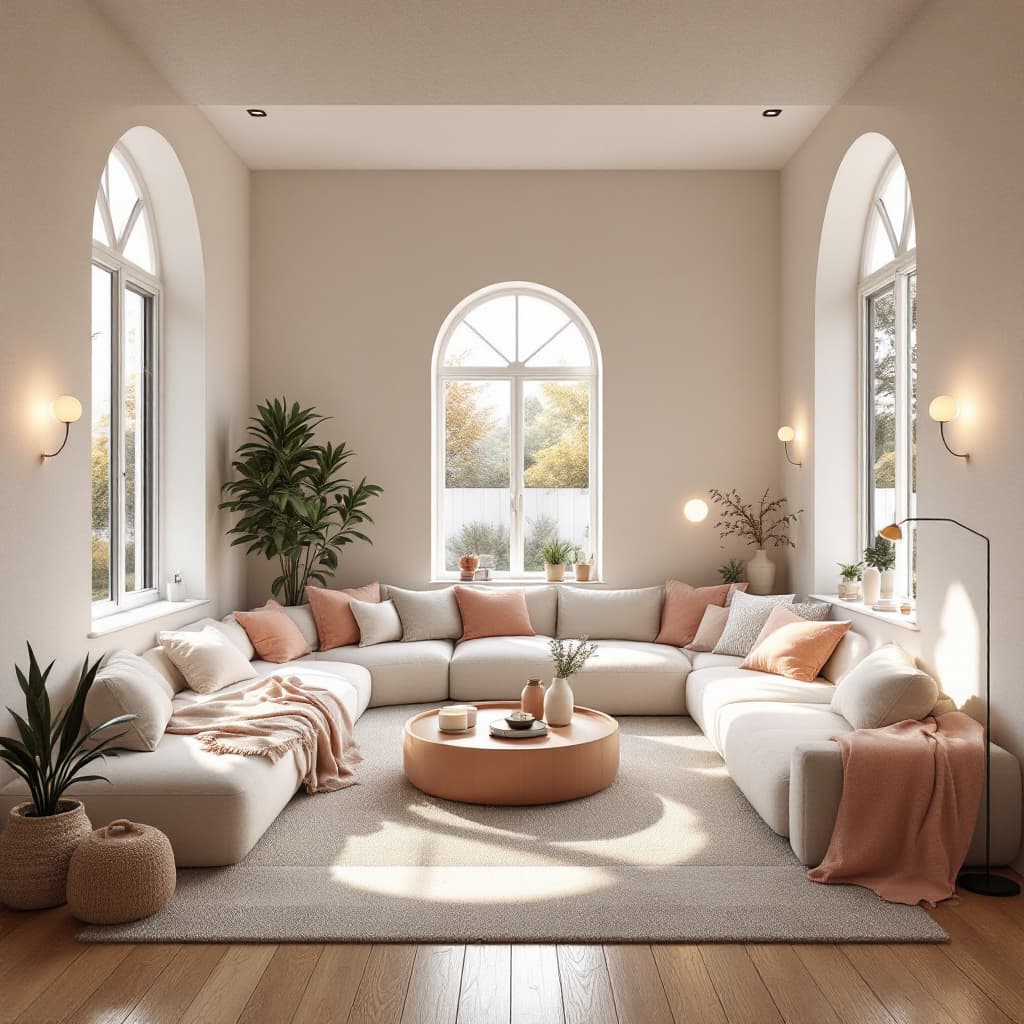 AI generated: High resolution photography interior design, dreamy sunken living room conversation pit, wooden floo...