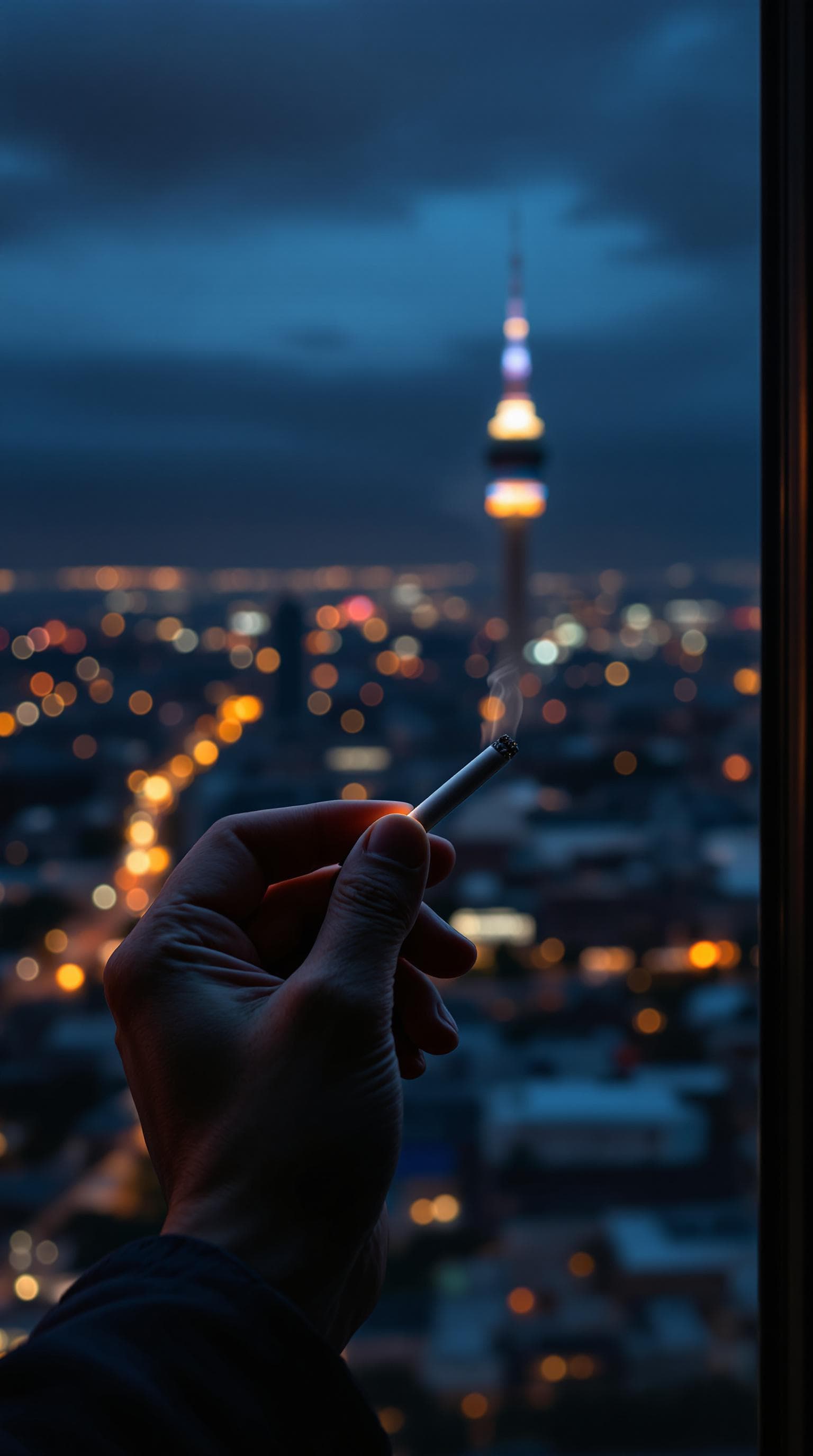 AI generated: pov first-person, i am standing by the open window, smoking a cigarette. only my hand and the cigare...