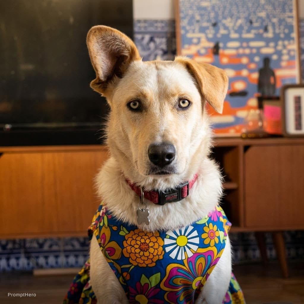 AI generated: Put my dog in a funky flower dress and turn it into a portrait photo