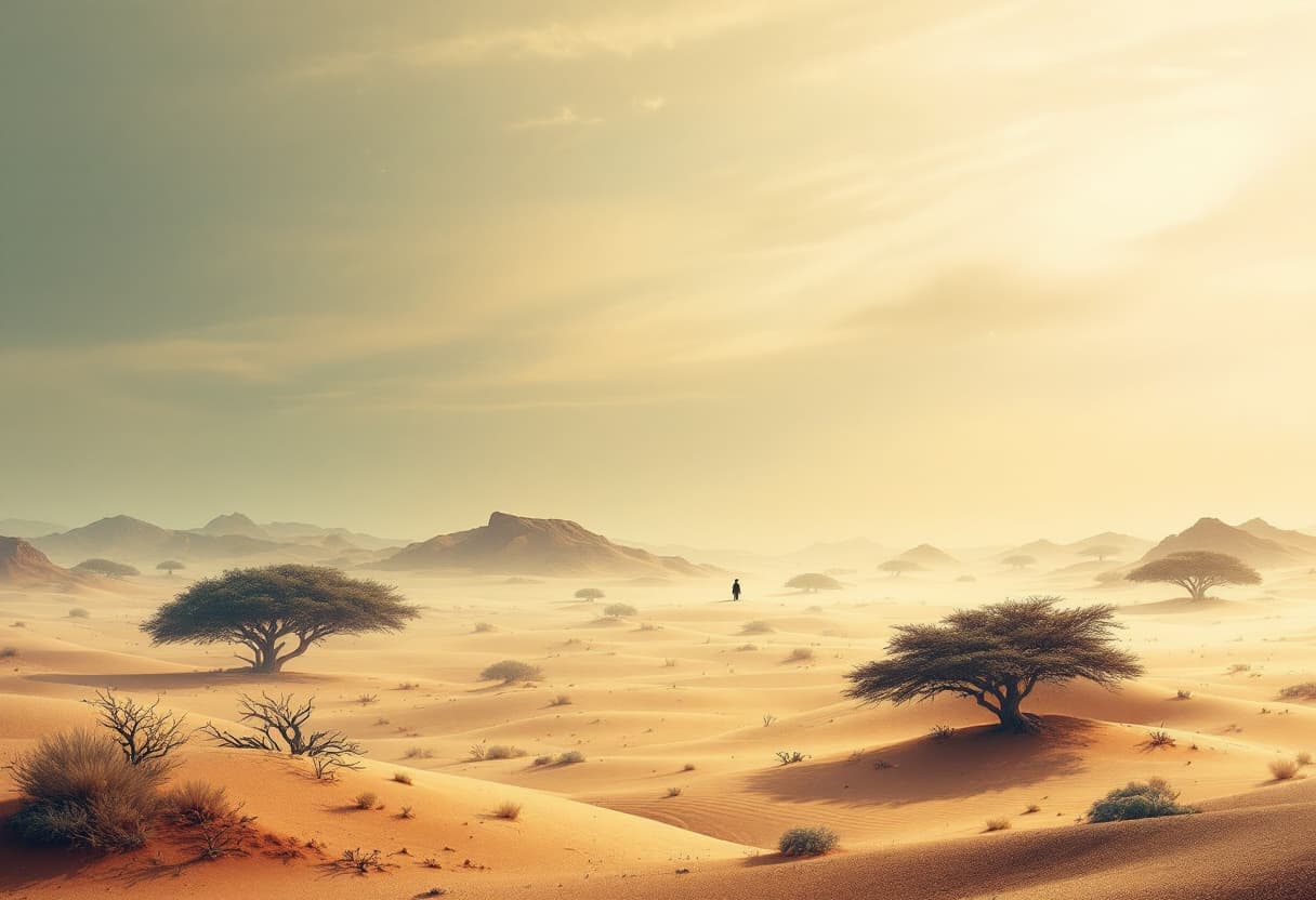 AI generated: Um cervo solitário em uma planície deserta minimalista e surreal, com cores suaves de bege, cinzas s...