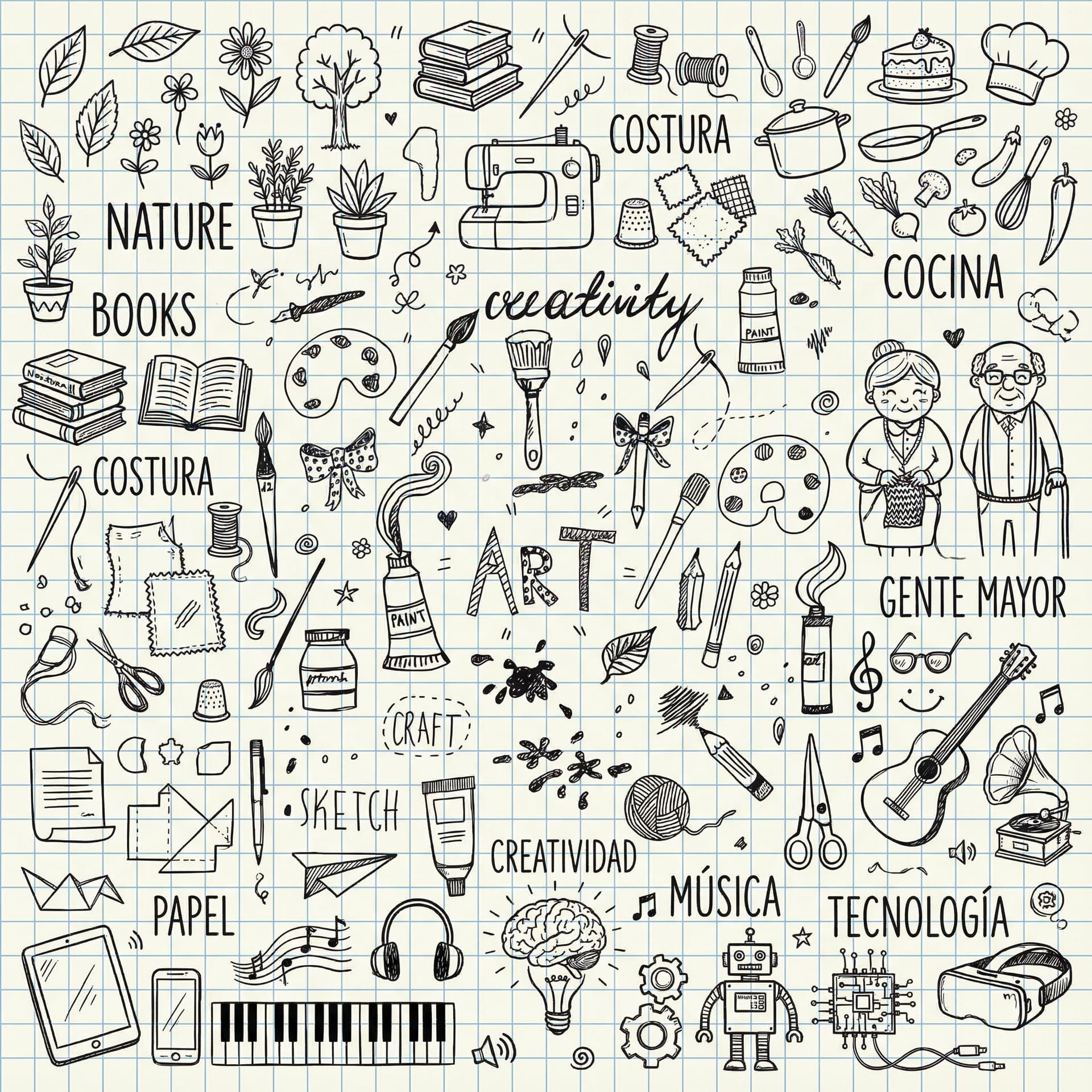 AI generated: ahora ilustracion de este tipo pero con otros conceptos como naturaleza, licros, costura, pintura, c...
