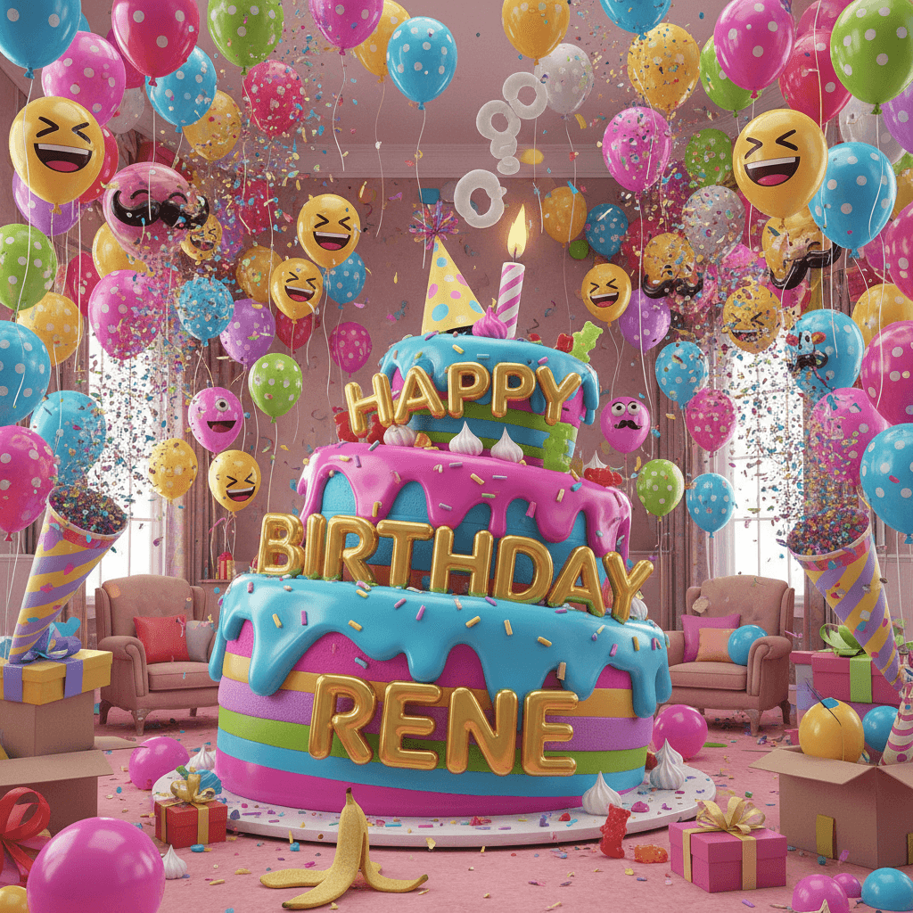 AI generated: create a funny birthday related 3D image with a birthday cake, lots of ballons, no people, Text: Hap...