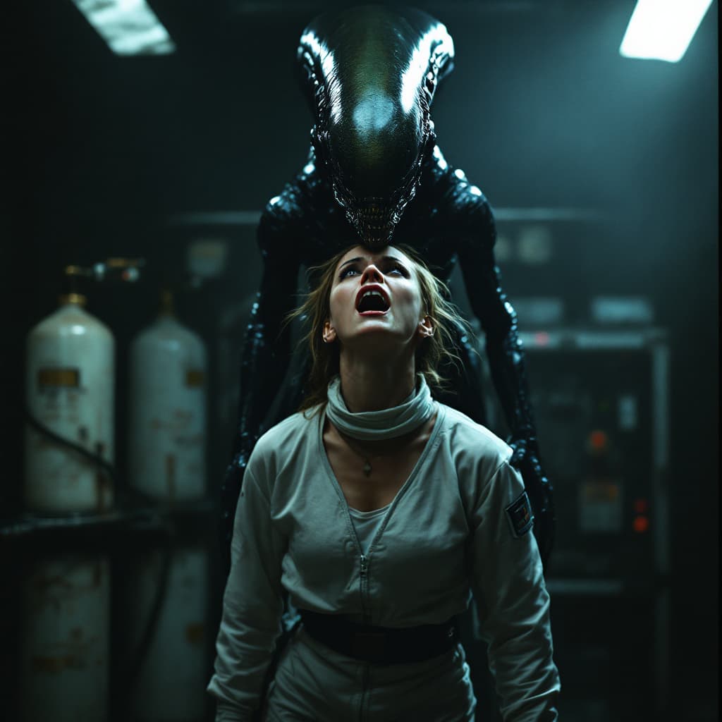 AI generated: A copy of the movie "ALIEN" in the style of Ridley Scott, there is an alien on top and in front of h...