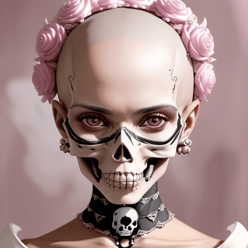 AI generated: photo portrait of ashaved head woman wearing a skull and bone mask, in the style of pink and white, ...
