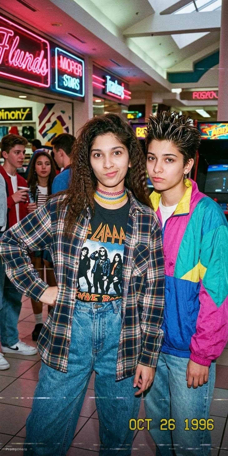 AI generated: Kooky portraits of 90’s mall teens in retro clothing, shot on VHS