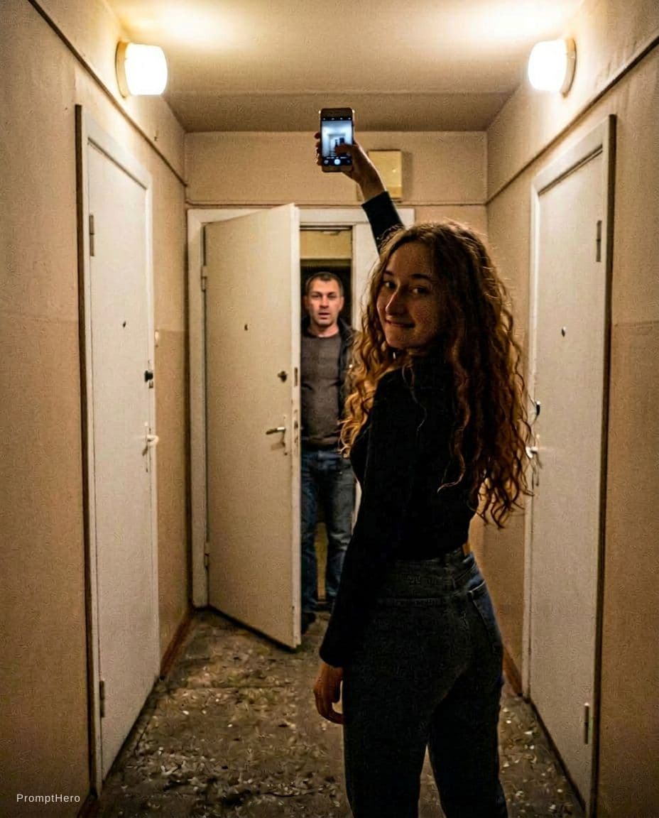 AI generated: Candid very poor quality amateur POV selfie, taken by the girl herself on a smartphone, vertical 4:5...