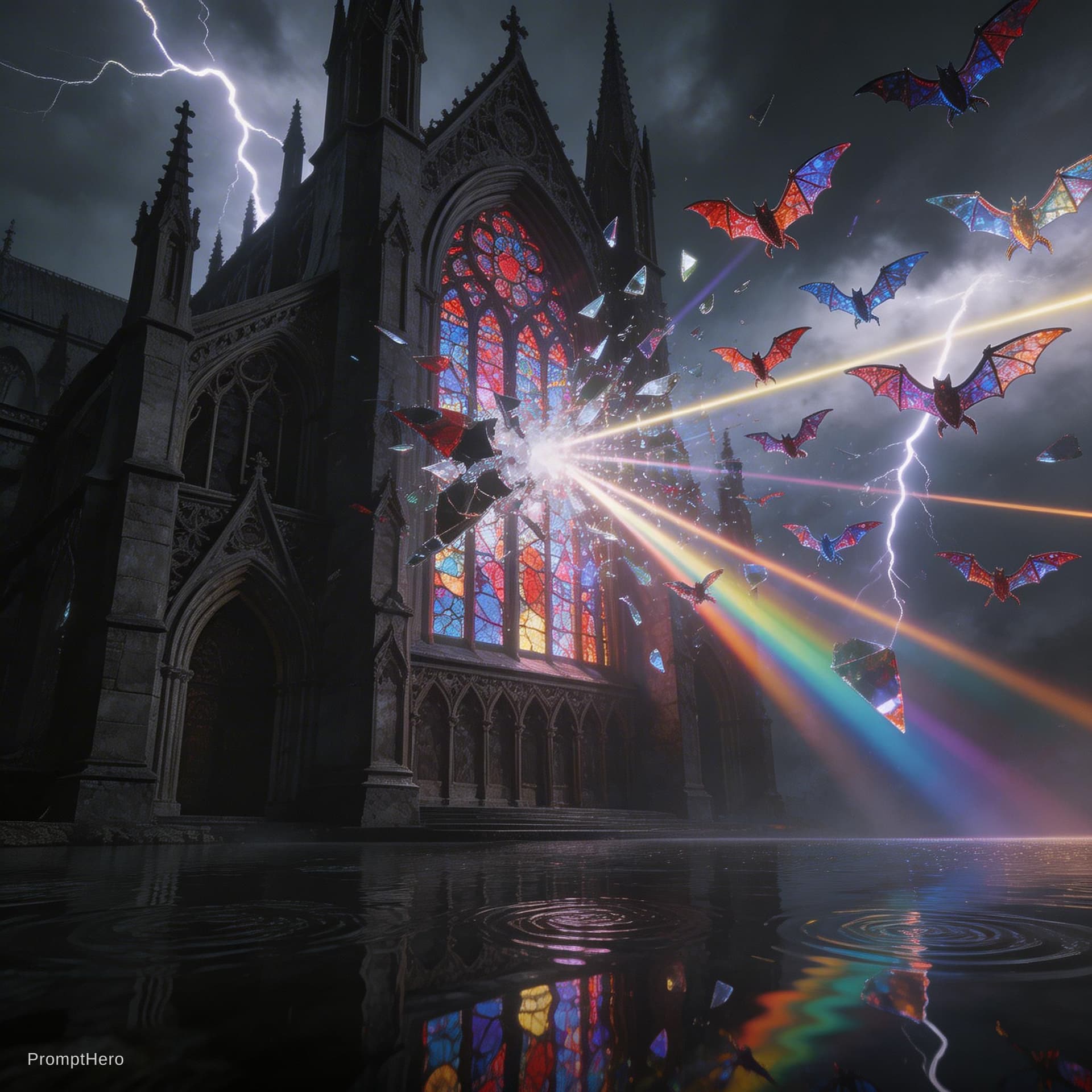 AI generated: 
A massive gothic church stained-glass window shattering outward in slow motion high above the groun...