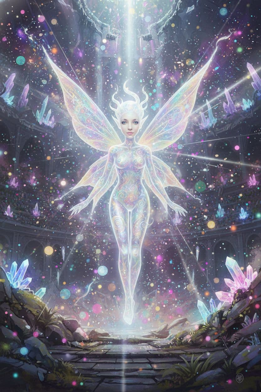 AI generated: Full body, Small highly detailed incorporeal fairy made of silvery light, Bokeh pollen specs multico...