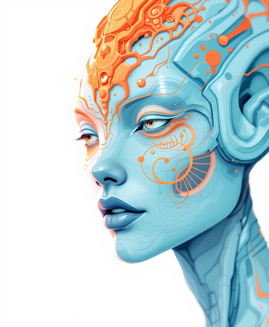 AI generated: alien art and illustration, in the style of balanced symmetry, light orange and cyan, detailed facia...