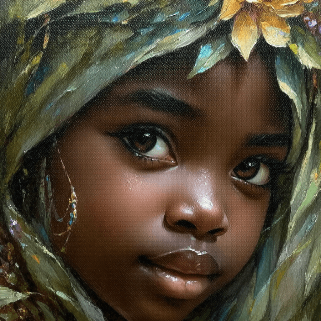 AI generated: close up "Una fada enfant etèria, d'origina africana, de pèl escura brilhanta, d'EXPRESSION DOLÇA E ...