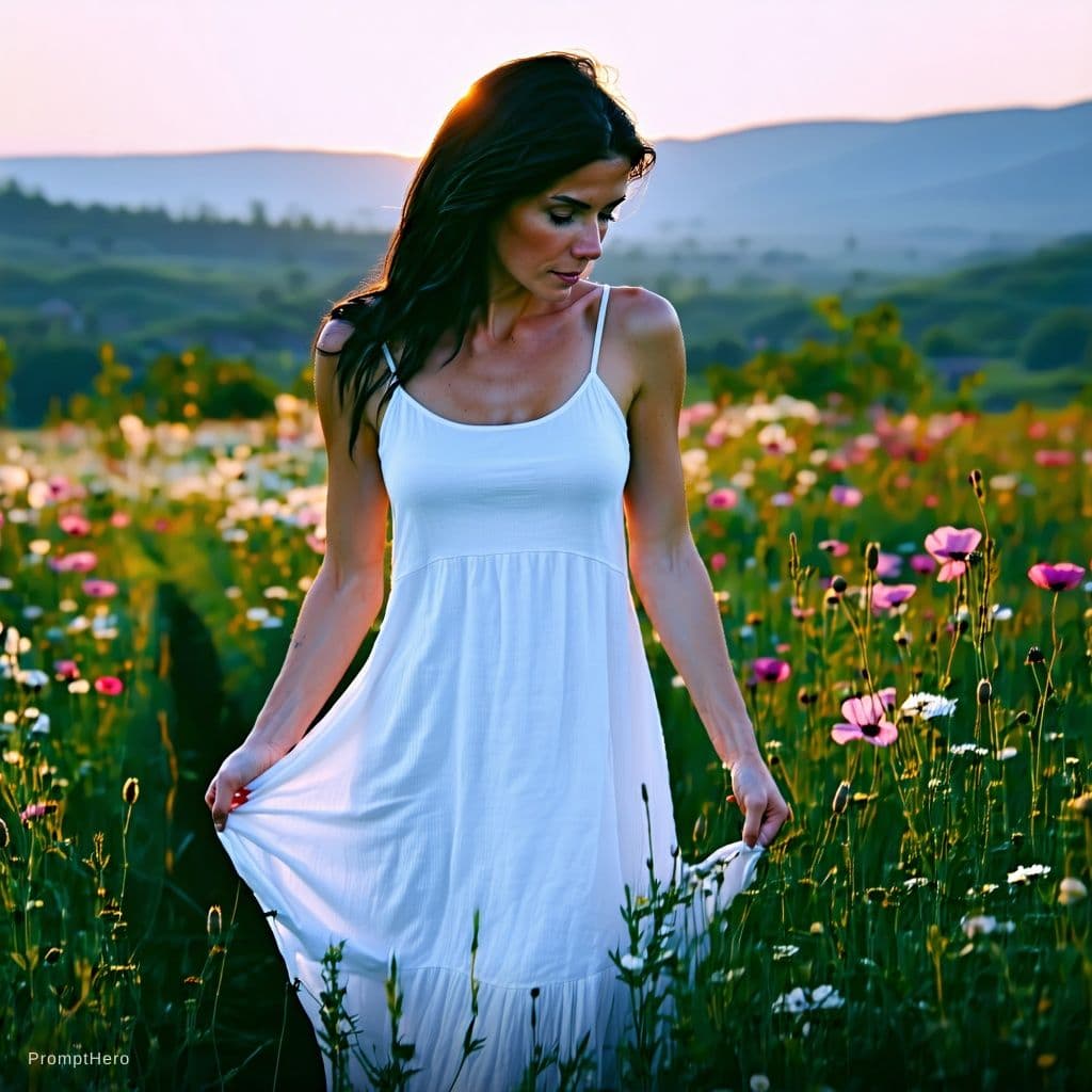 AI generated: A fit adult woman in a white sleeveless dress stands amidst a lush green field dotted with pink and ...