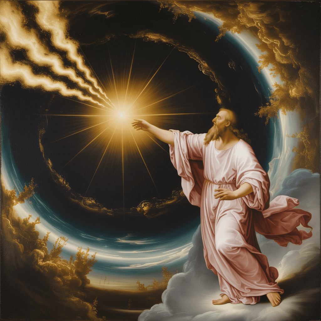 AI generated: God creating light in the darkness, divine rays piercing through cosmic void, ethereal and majestic,...