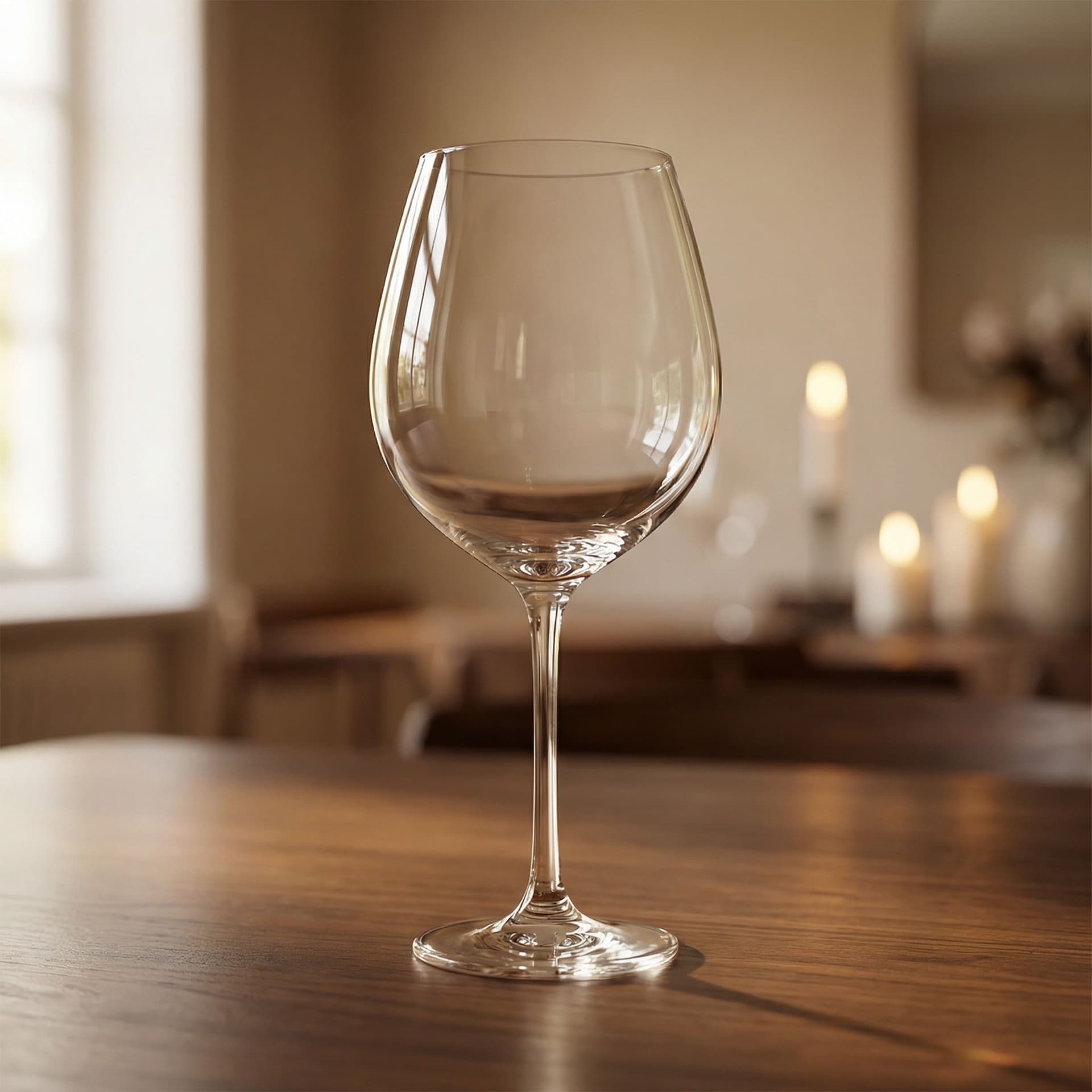 AI generated: A photorealistic close-up of a crystal-clear empty wine glass standing on a dark wooden table. The g...