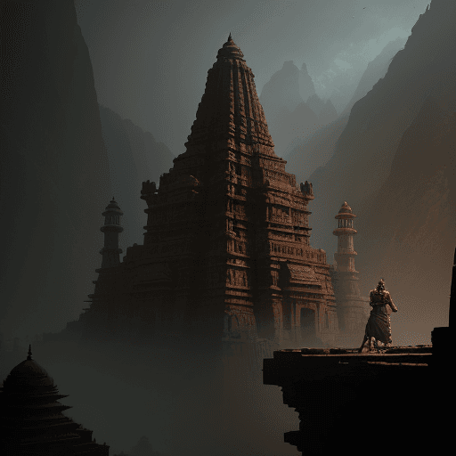 AI generated: colossal temple complexes, India :: india fort against a mountain, eerie mood, height perspective in...