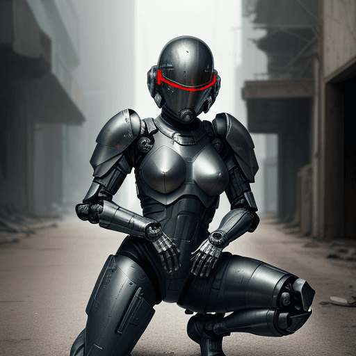 AI generated: black armed female figure in sci-fi battle armor with cybernetic helmet, aiming on one knee, mask, s...