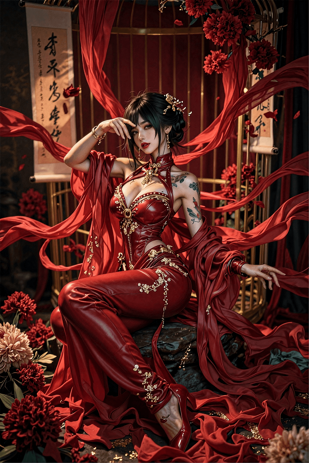 AI generated: A woman seated amid an ornate, theatrical set of red fabrics, floral arrangements, hanging calligrap...