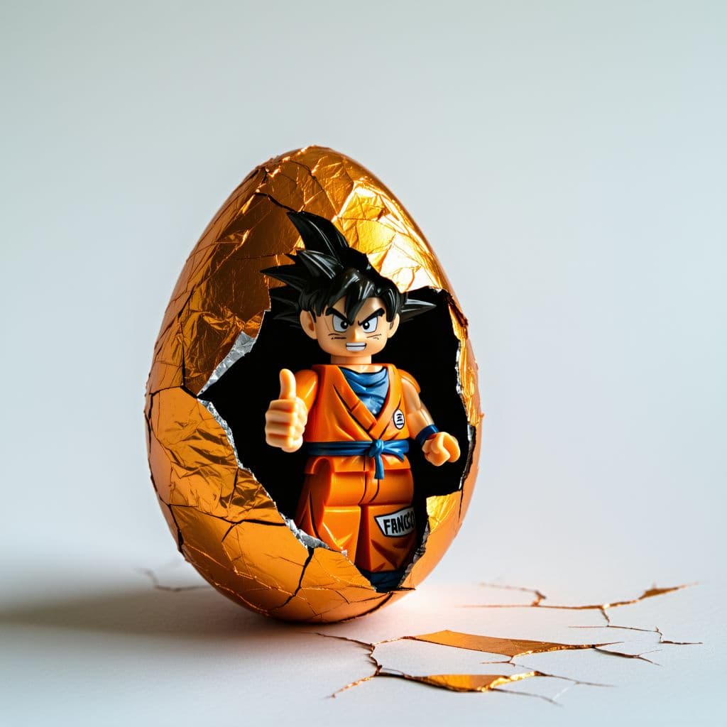 AI generated: Low angle haunted photography of a single large sizable Kinder Surprise egg, with the iconic foil pa...
