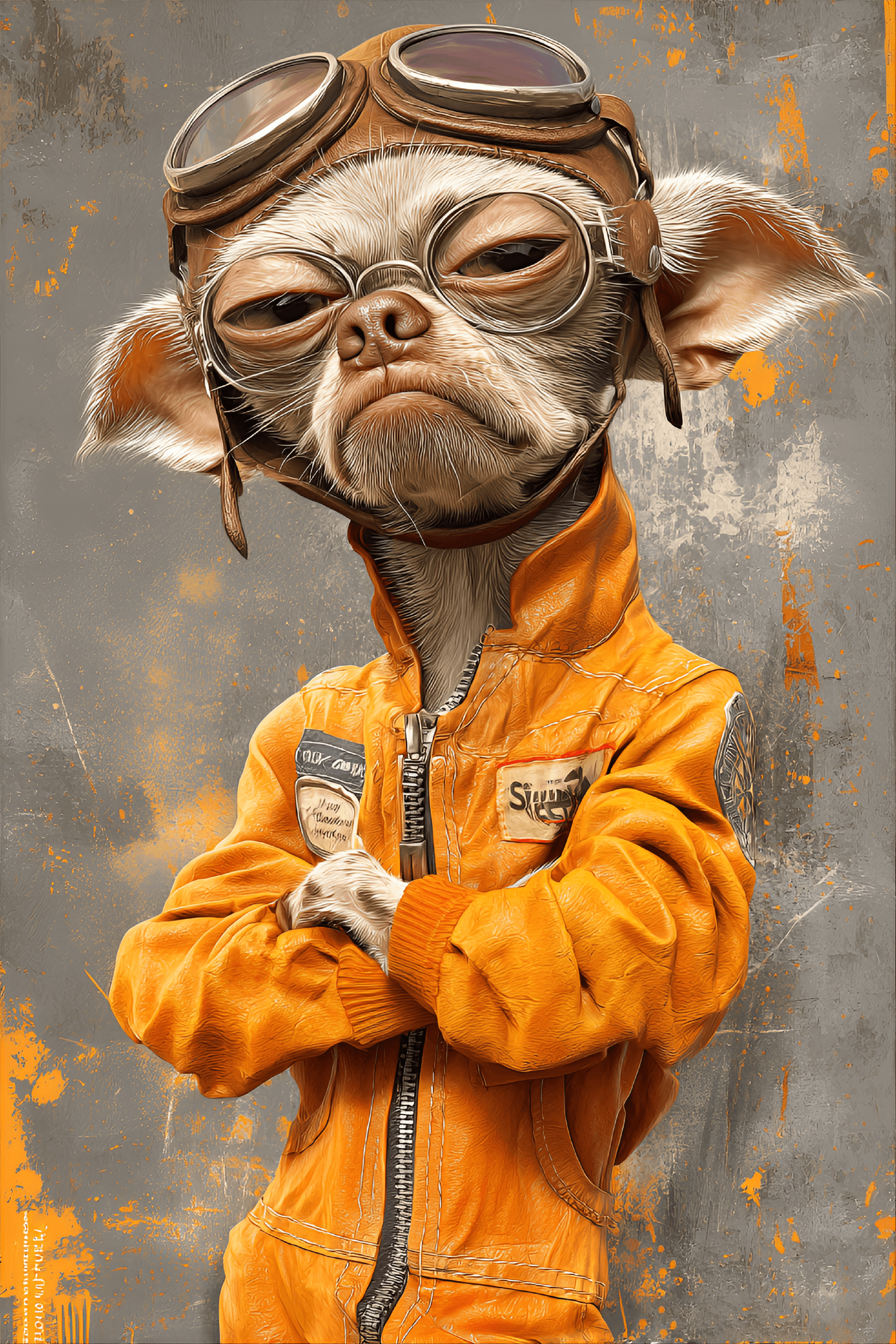AI generated: funny caricature, tough chihuahua character, male, 7 years old, wrinkled, small, fierce, tiny body w...