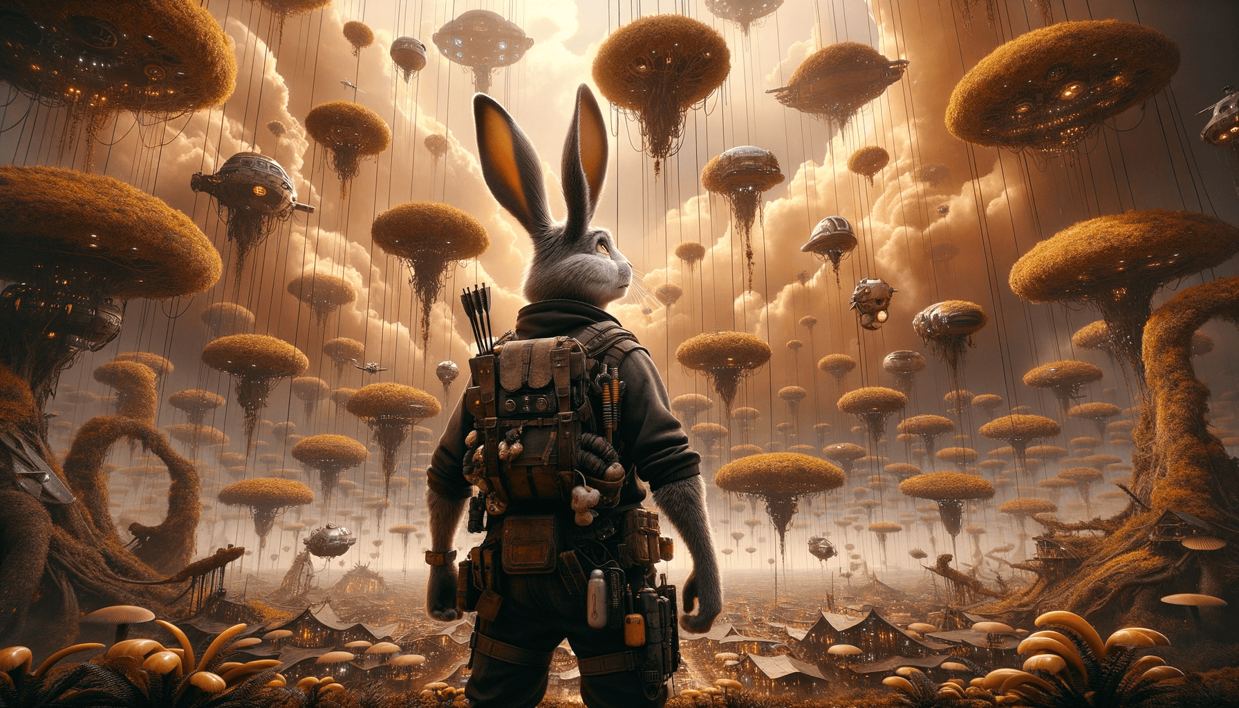 AI generated: Super Villain Bunny stands in the center of an epic, futuristic forest with many flying machines han...