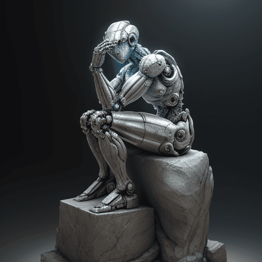 AI generated: High-resolution rendering of a hyper-detailed robot in a seated position on a weathered stone, mimic...