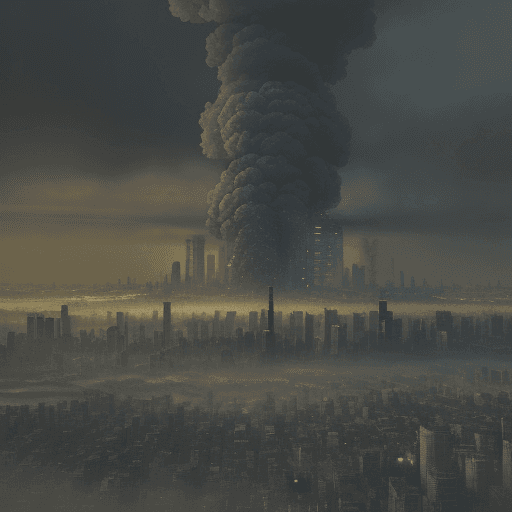 AI generated: city of pollution, with acid rain in the city, realistic
