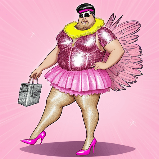 AI generated: Pink, sequin, Knee length skirt on a fat man, wearing pink rhinestone high heel pumps, cartoon drawi...