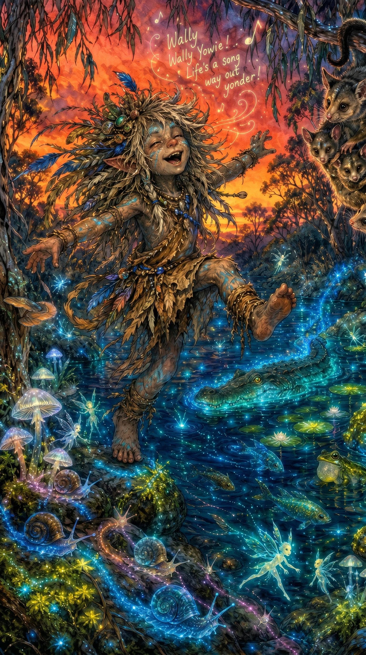 AI generated: In a surreal, whimsical world where Aussiecore DreamtimeFunk meets WyldeFey elemental aesthetics, a ...