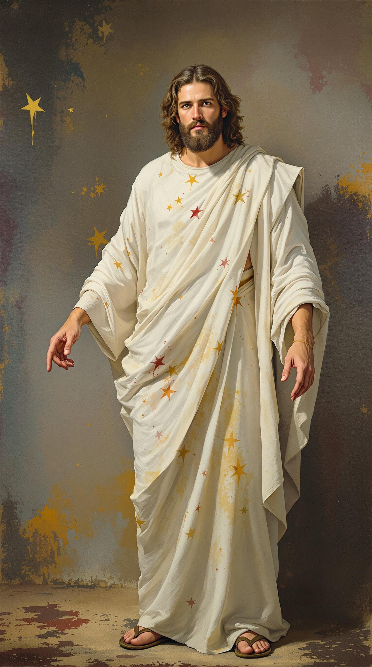 AI generated: Oil painting style, full portrait depicting God in front of a giant canvas painting the. Dressed in ...