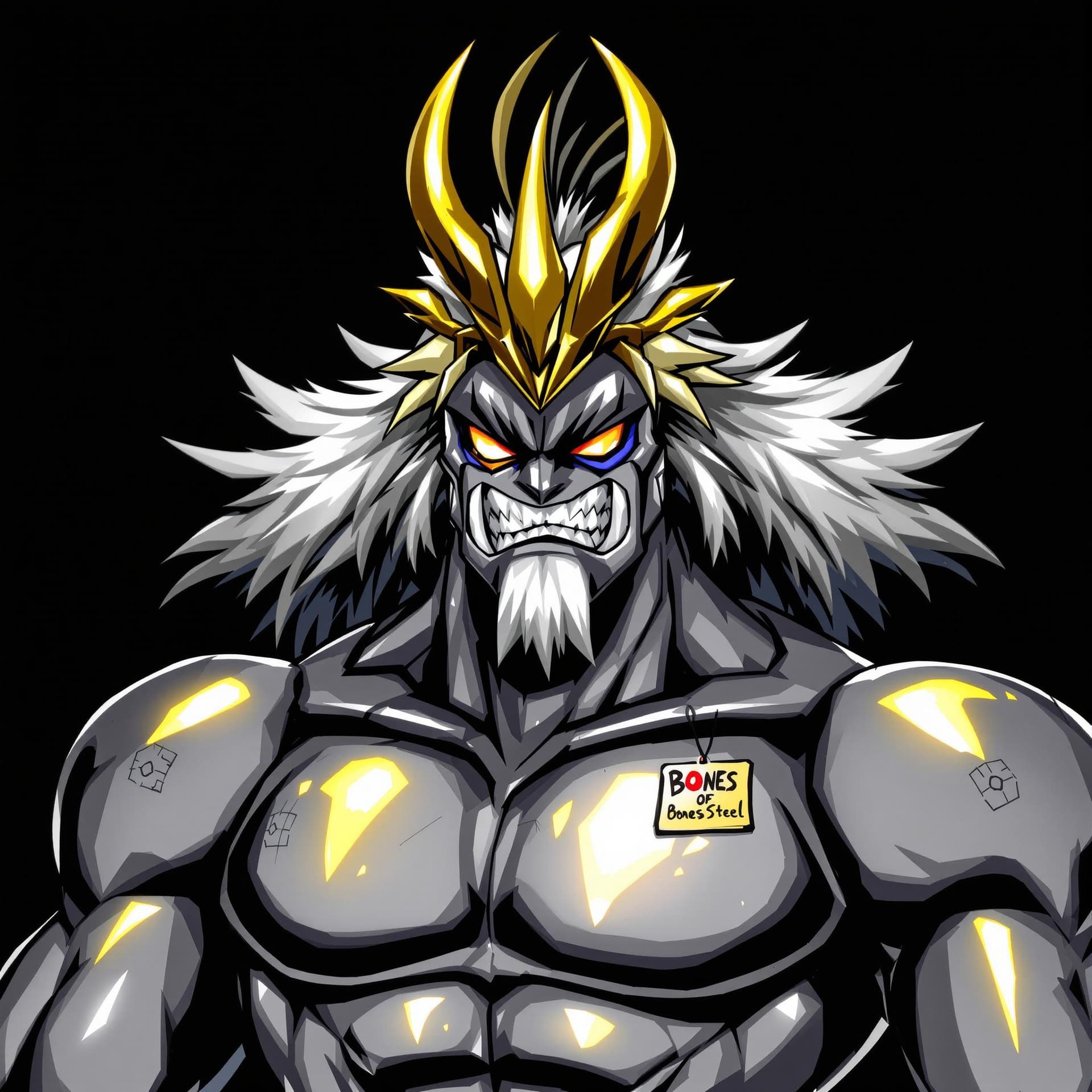 AI generated: dark background,
Plawres Sanshiro
 Jumaru , shiny, "BonesOfSteel" written on a tag on chest 