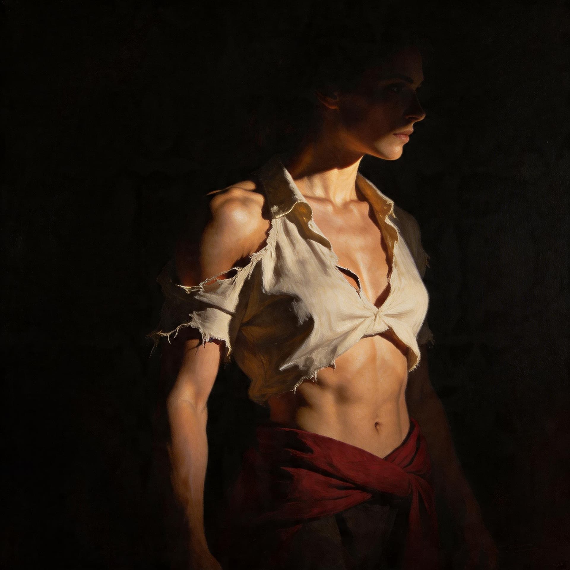 AI generated: Tenebristic oil painting with dramatic light contrast of a muscular female figure emerging from dark...