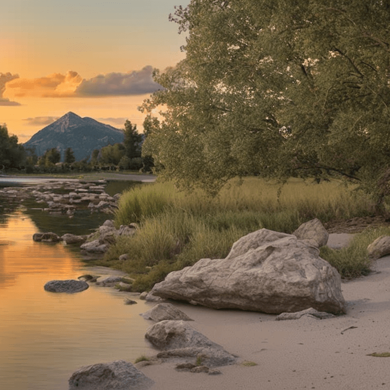AI generated: oil on canvas, small clouds, smooth beach, willow tree, small rocks, beautiful setting, early evenin...