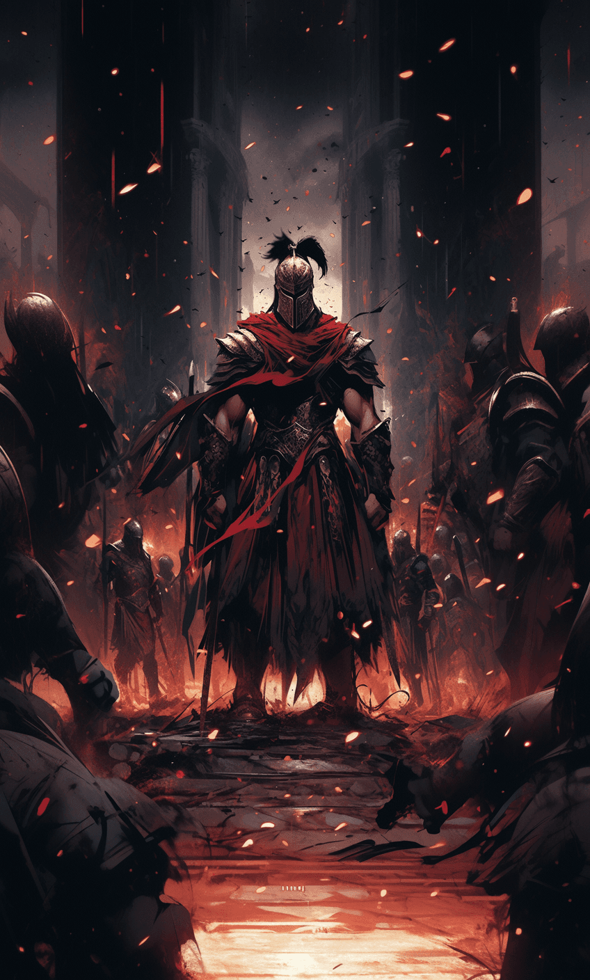 AI generated: Leonidas 1 the king of Sparta, a great warrior, stands after the battle, looking into the distance, ...