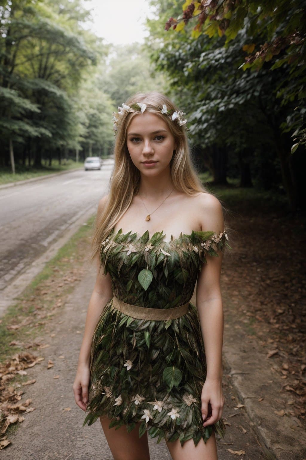 AI generated: Candid shot of a pretty young blonde activist, who is wearing a dress made of leaves, in the midst o...