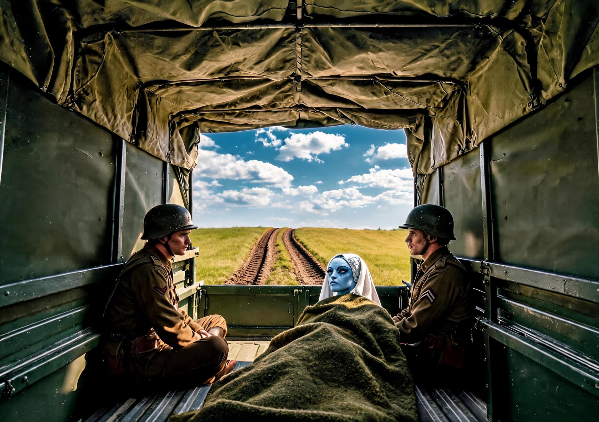 AI generated: Using the reference images, remove the scene from outside the truck and replace it with a grassy tra...